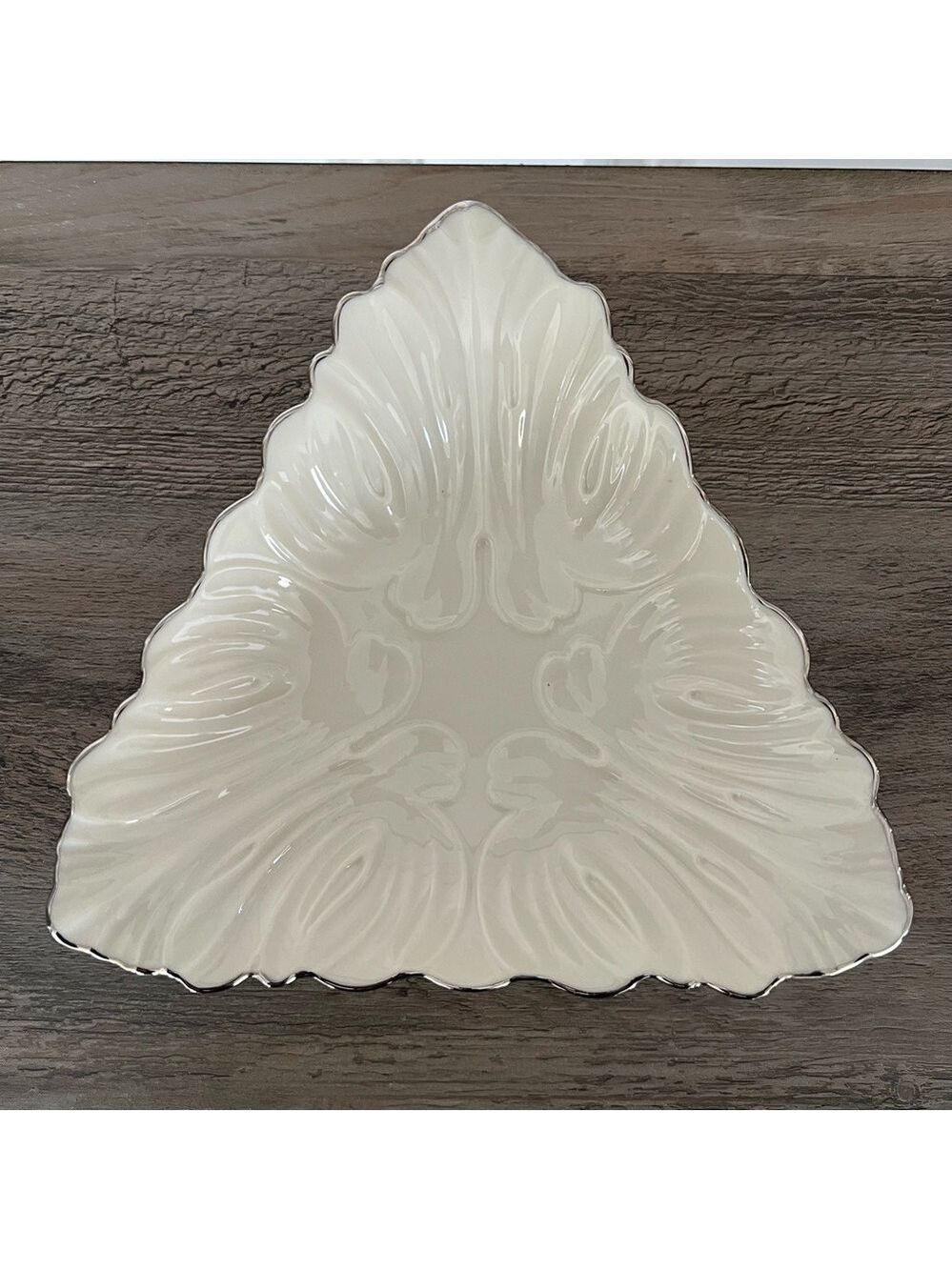Vtg Lenox Special Edition Triangle Leaf Shape Candy Dish “Rare Silver Trimming”